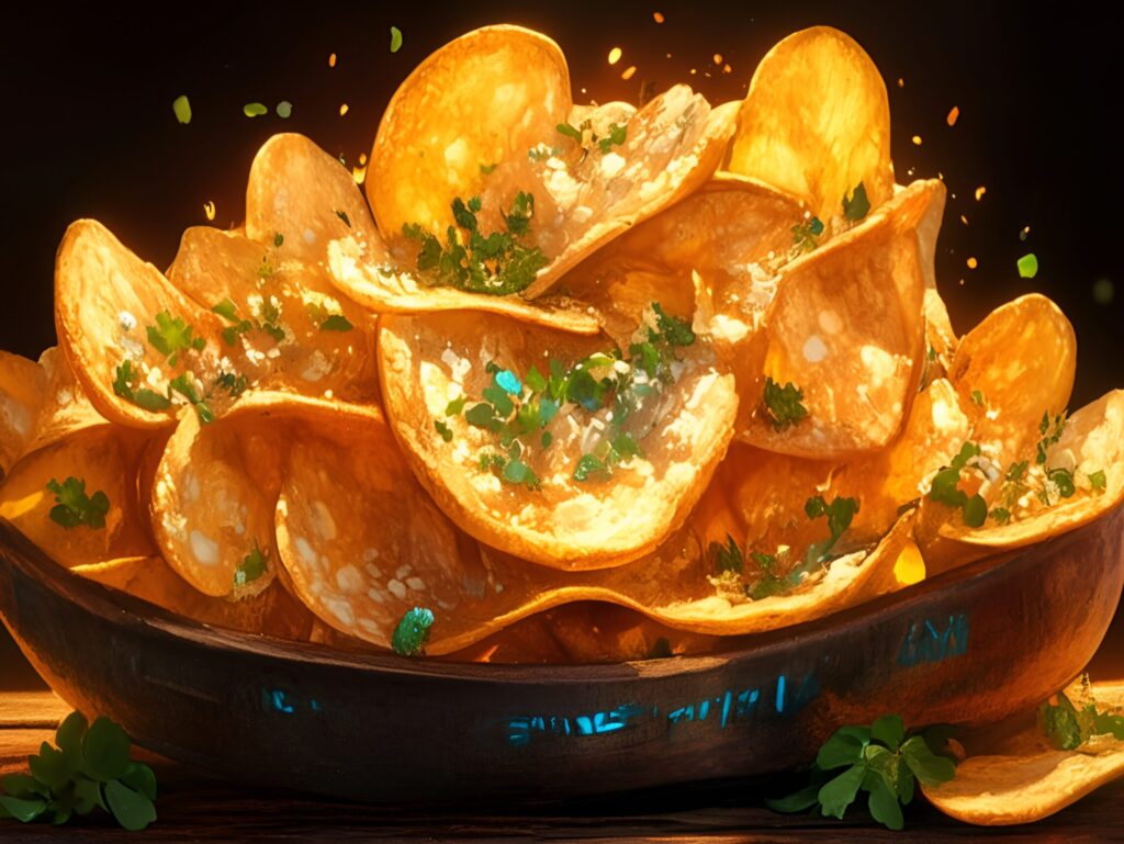 摄图网 603539043 金黄色薯片点缀香草碎盛放深色碗中(企业商用)